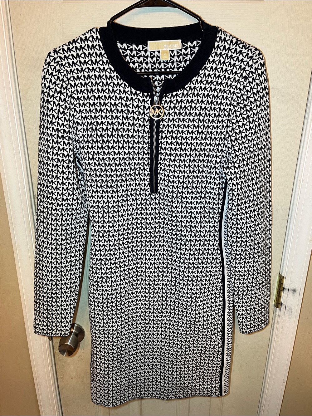 Michael Kors Black & White MK Logo Zip-Front Knit Dress